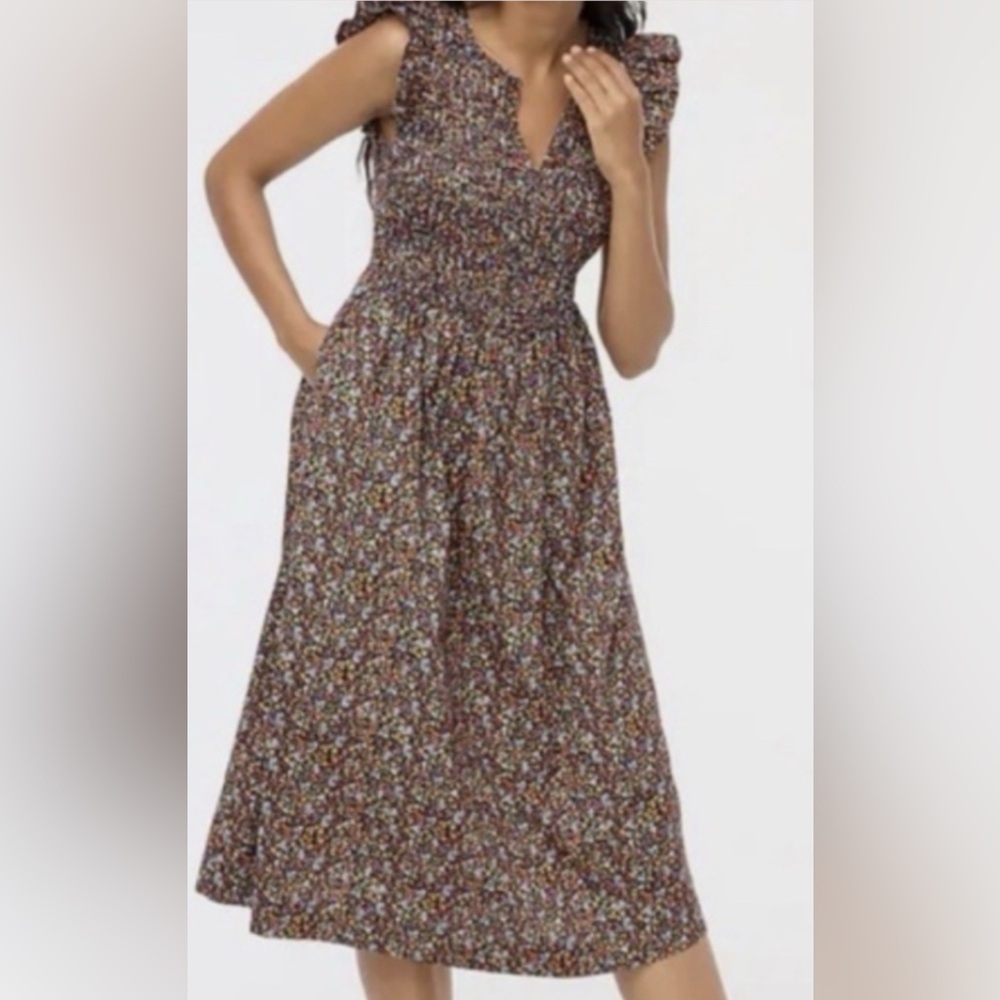 J.Crew Navy Floral Smocked Midi Dress Flutter Sleeve Cottagecore S